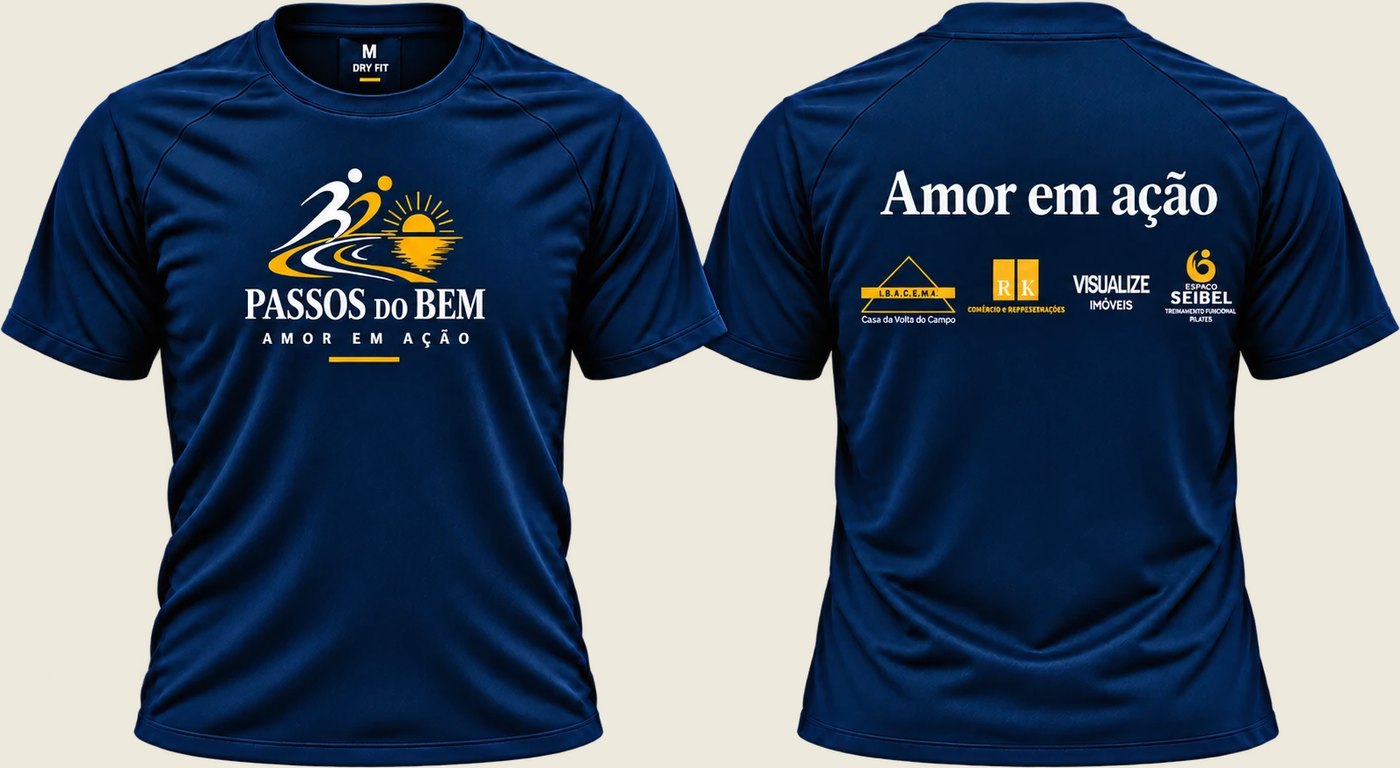 Camiseta azul-escura do Passos do Bem: na frente o logo e Amor em ação; nas costas Amor em ação e os apoiadores